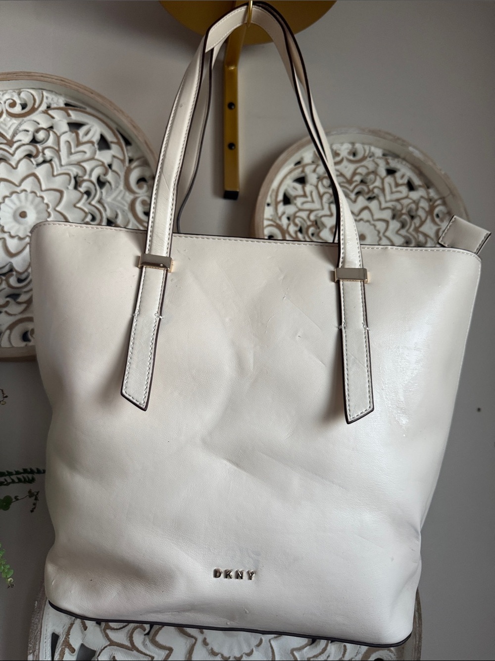DKNY Cream Leather Tote with Double Top Handles